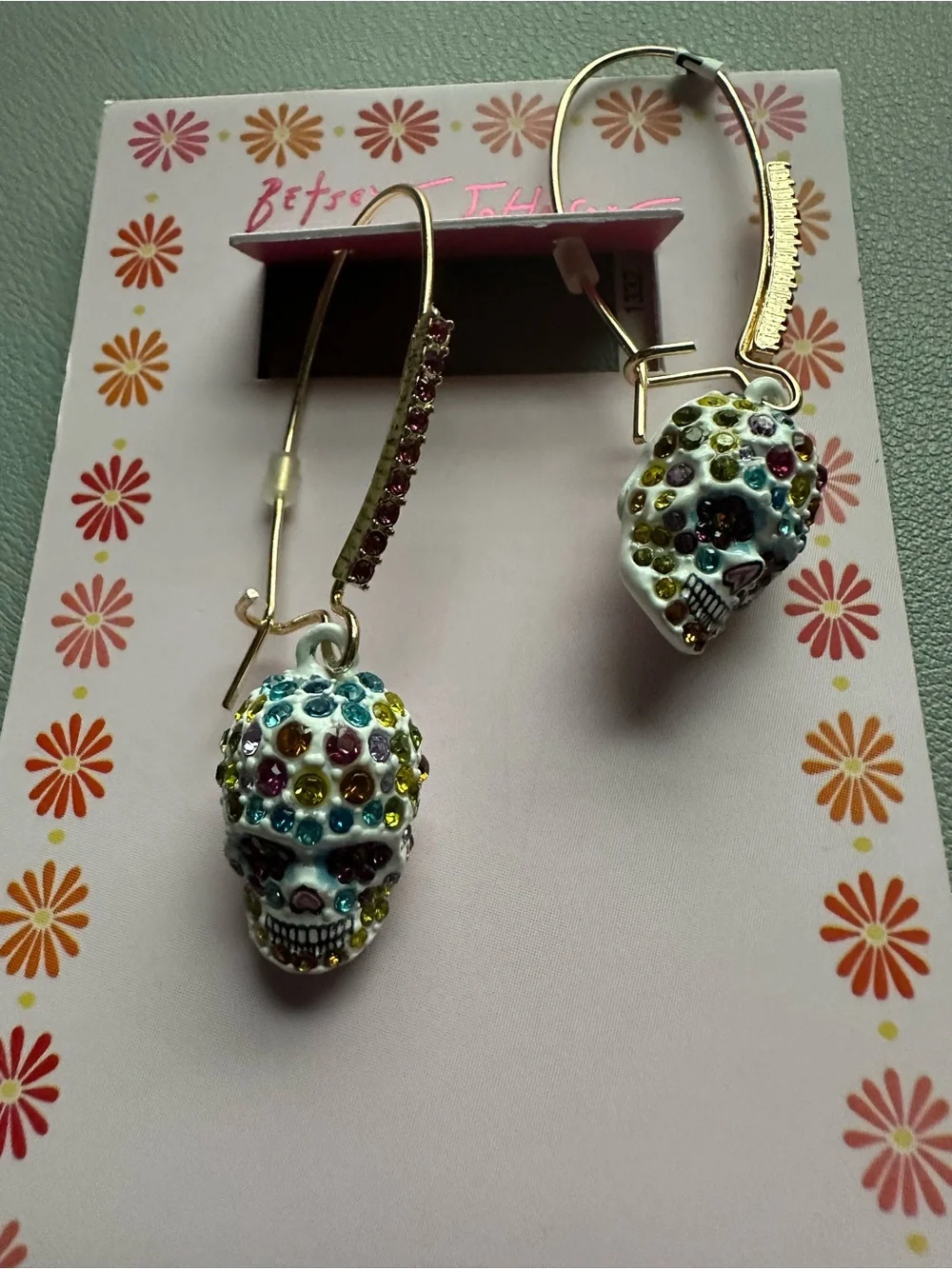 Betsey Johnson Silver-Tone Skull Earrings with Multicolor Crystals - Picture 2 of 5